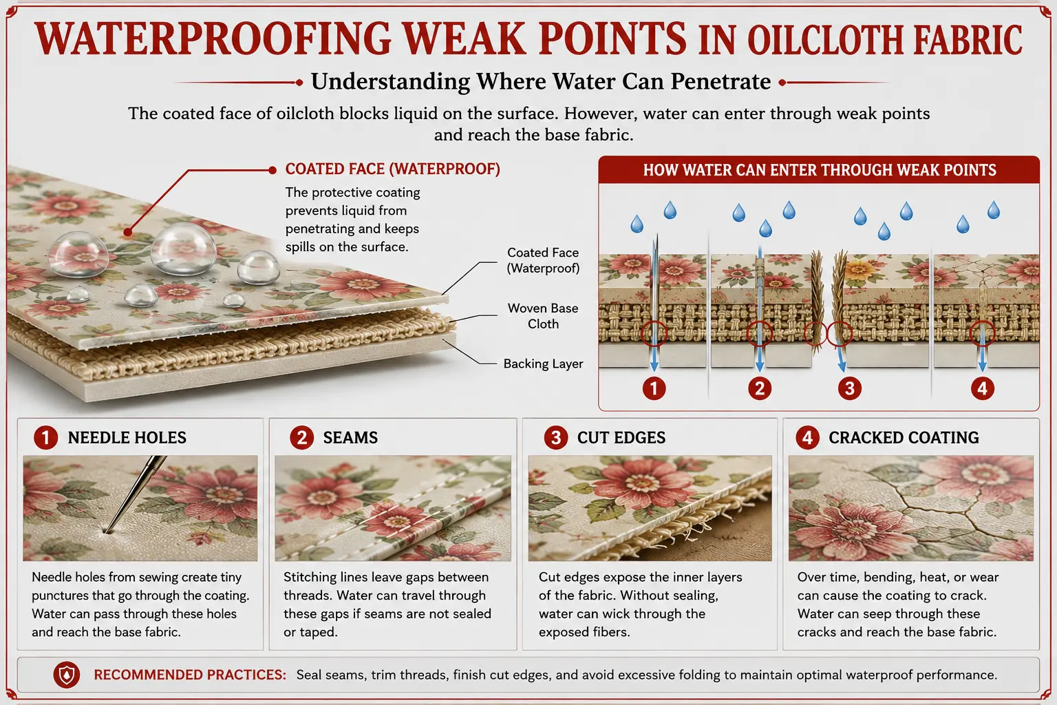 Oilcloth fabric diagram showing water penetration through weak points