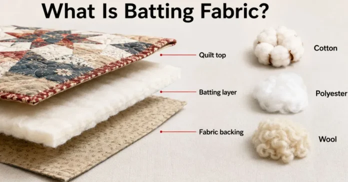 Quilt sandwich showing the quilt top, batting layer, backing and common batting fibers