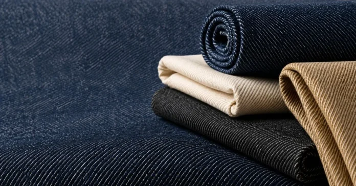 Folded bull denim fabrics showing dense diagonal twill textures