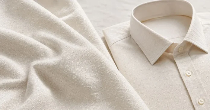 Light cotton dobby fabric beside a textured dobby dress shirt