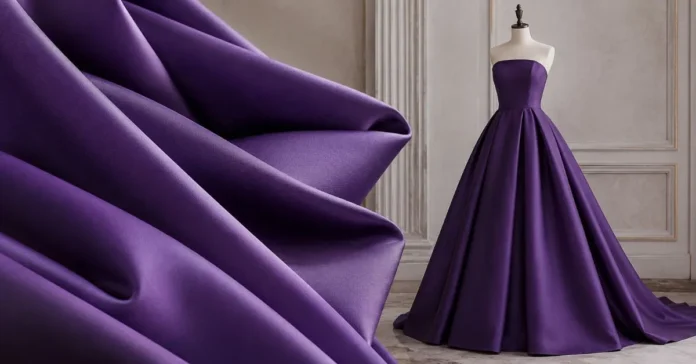 Violet Mikado fabric with structured folds beside a minimalist bridal gown