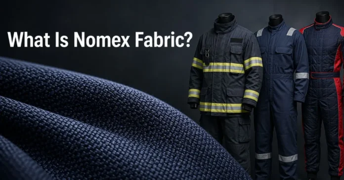Dark navy Nomex fabric beside firefighter, industrial and motorsport protective clothing