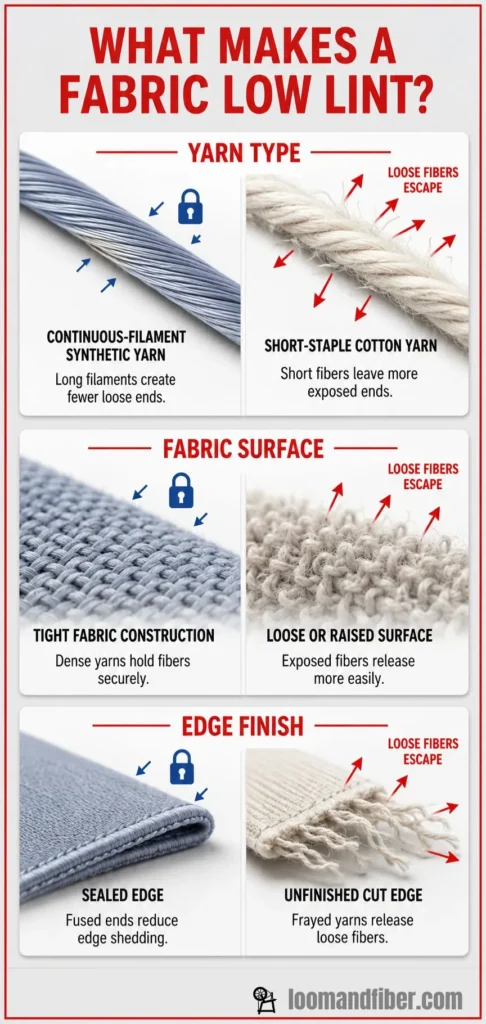 Diagram showing how yarn, surface construction and edge finishing affect fabric lint