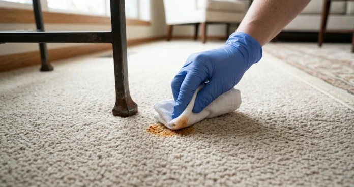Gloved hand blotting a rust stain on carpet with a white cloth