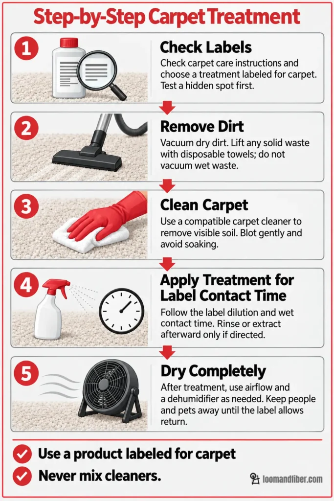 Five carpet treatment steps, from checking labels and removing dirt to treatment and drying