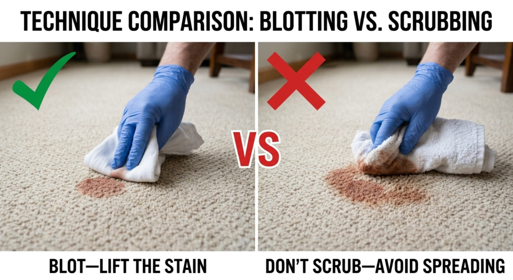 Side-by-side comparison of blotting a blood stain and scrubbing it sideways on beige carpet