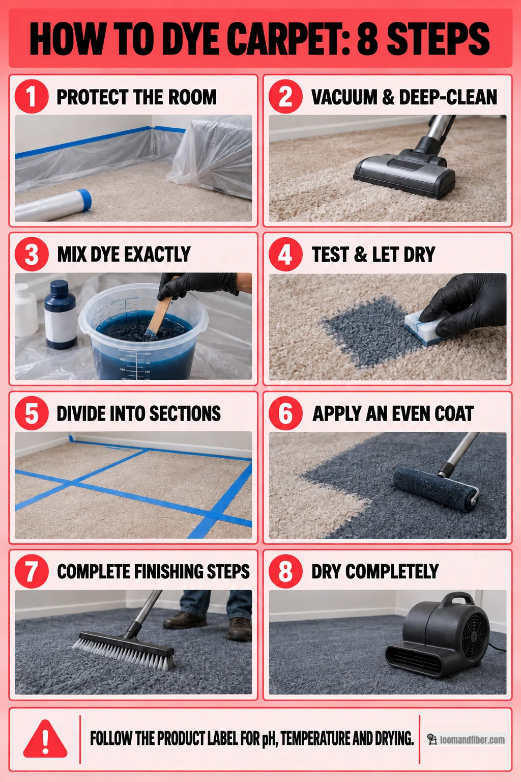Loom and Fiber eight-step infographic showing how to prepare, dye, finish, and dry a carpet safely