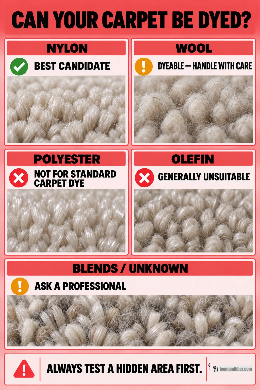 Loom and Fiber infographic comparing dye suitability for nylon, wool, polyester, olefin, and blended carpets