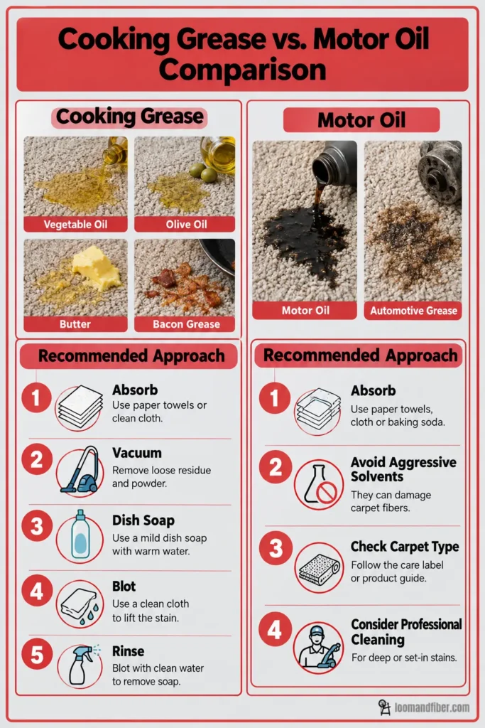 Cooking grease and motor oil carpet stain comparison