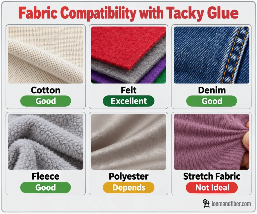 Fabric compatibility with tacky glue including cotton, felt, denim, fleece, polyester, and stretch fabric