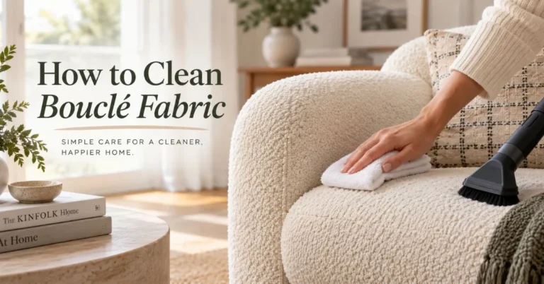 Cream bouclé chair being cleaned with a microfiber cloth and vacuum attachment