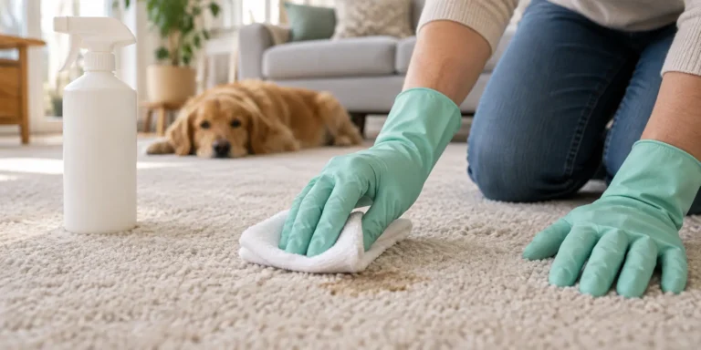 Gloved hands blotting a dog poop stain from beige carpet with a white cloth