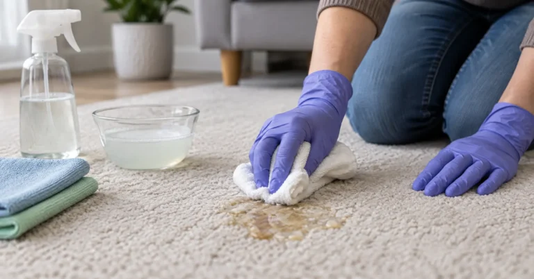 Person cleaning vomit stain from carpet with gloves and towel