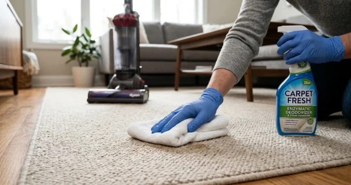 Gloved hands blotting a carpet spot with a white towel, with cleaner and a vacuum nearby