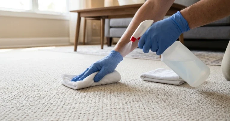 Gloved hands applying carpet treatment to a beige carpet beside clean white cloths
