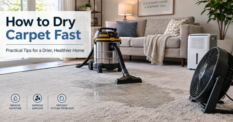 Wet carpet drying with a wet vacuum, floor fan, and dehumidifier in a living room