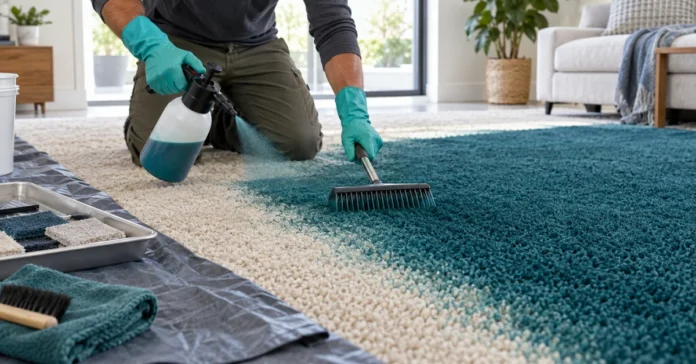 A professional applying teal dye evenly to a beige carpet with a sprayer and carpet rake