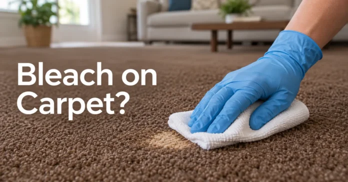Gloved hand blotting a bleach spill on brown carpet beside a lightened patch