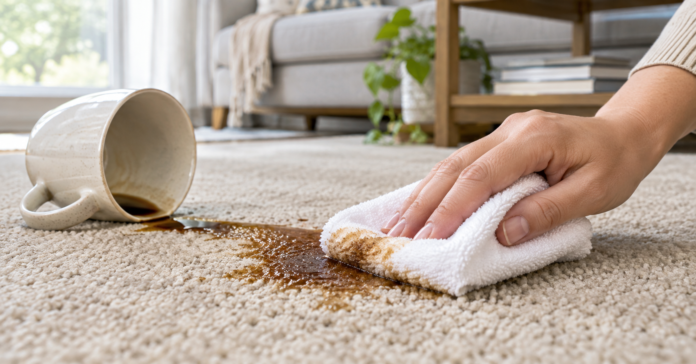 Hand blotting a fresh coffee spill on a beige carpet with a white cloth