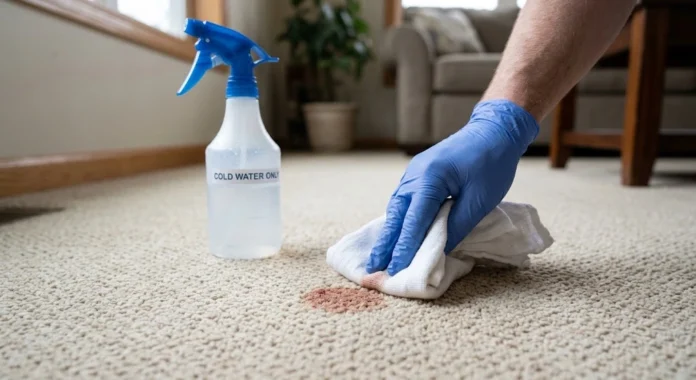 Gloved hand blotting dried blood on beige carpet with a white cloth beside a water spray bottle