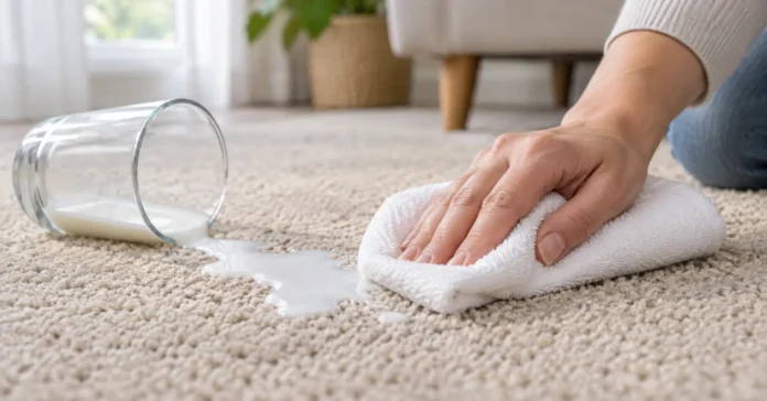 A hand blots spilled milk from a beige carpet with a white towel