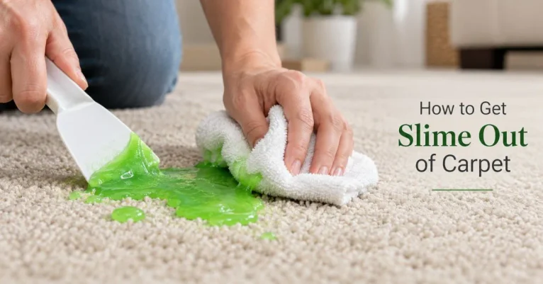Slime being removed from a carpet with a scraper and cloth