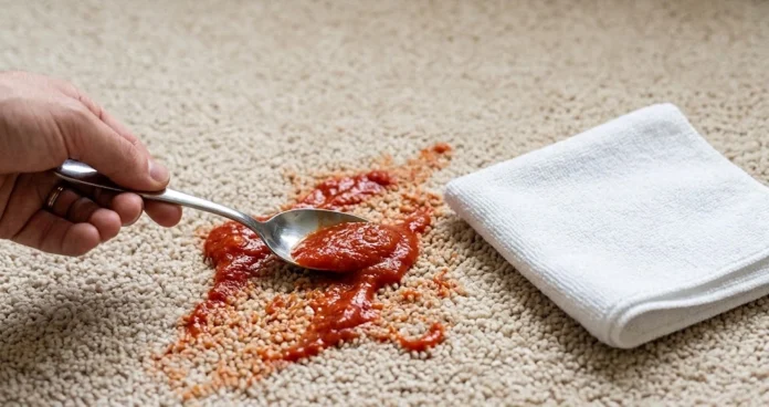 A close-up view focusing on a hand using a white cloth to blot a light pinkish tomato sauce stain from a light beige carpet