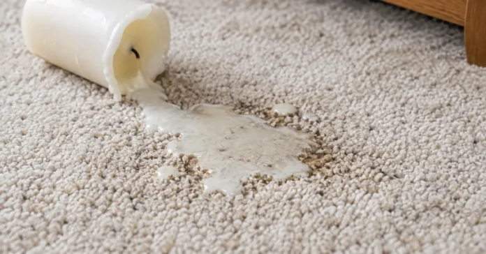 Candle wax spilled on a light-colored carpet