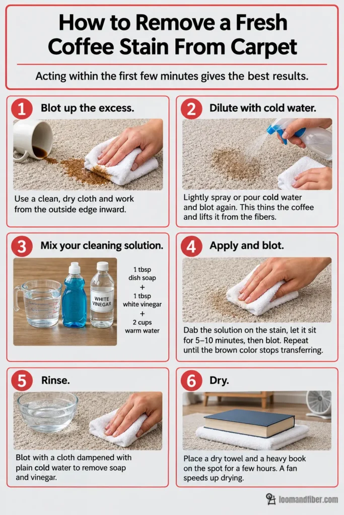 Six-step infographic for removing a fresh coffee stain from carpet