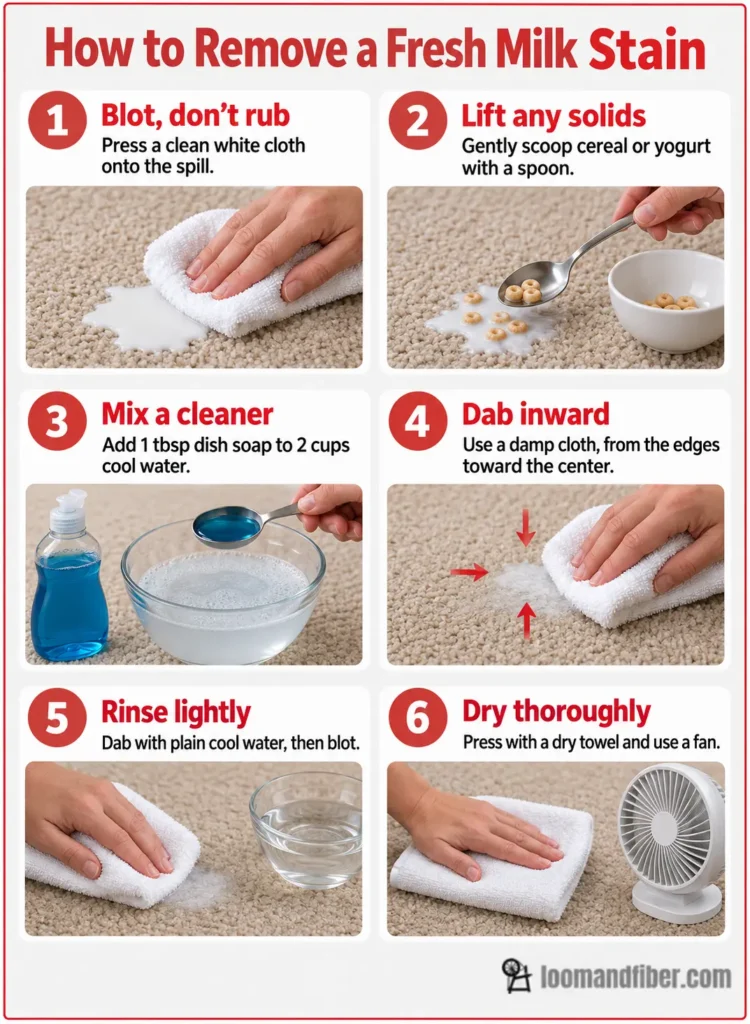 Six illustrated steps for removing a fresh milk stain from carpet, from blotting the spill to drying it with a fan