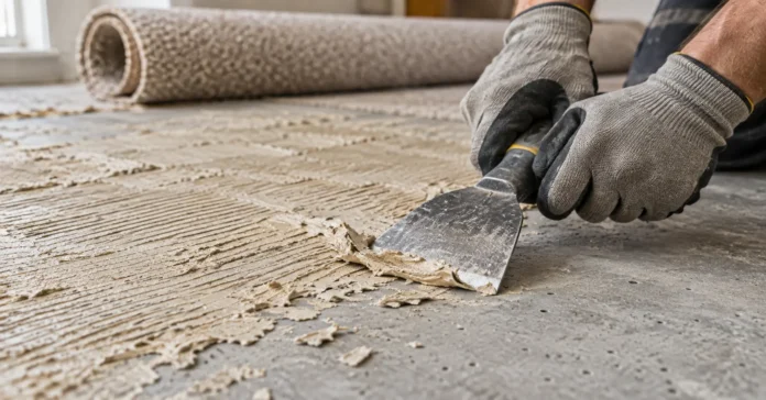 Gloved hands scraping beige carpet glue from a grey concrete floor