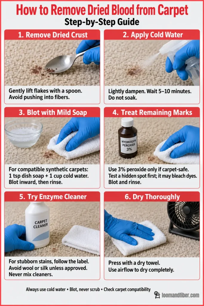 Six-step infographic showing how to remove dried blood from carpet, from lifting residue to drying