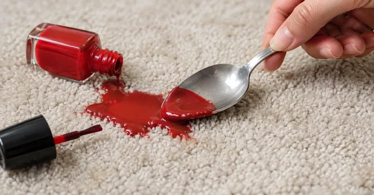 Spoon lifting wet red nail polish from a light carpet