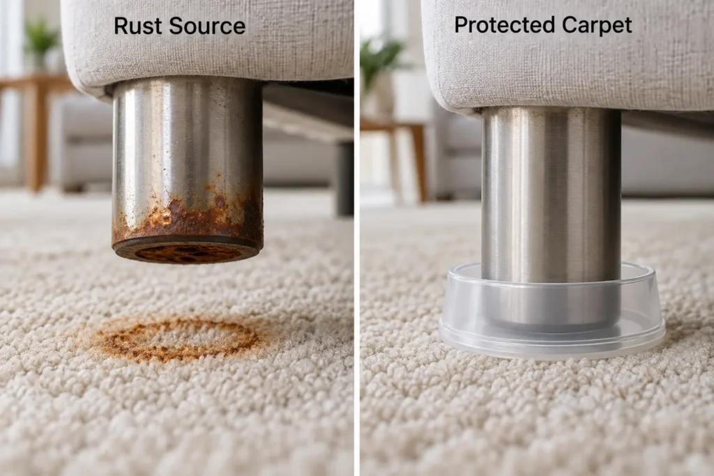 Rusty metal furniture leg staining carpet beside a protected leg with a floor protector