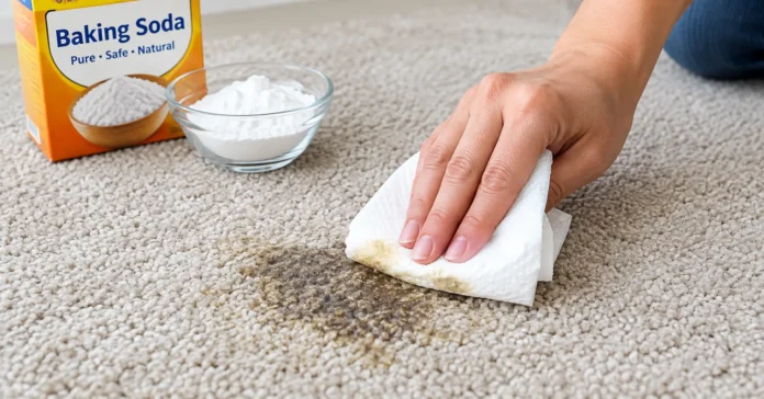 Fresh grease stain being blotted from carpet