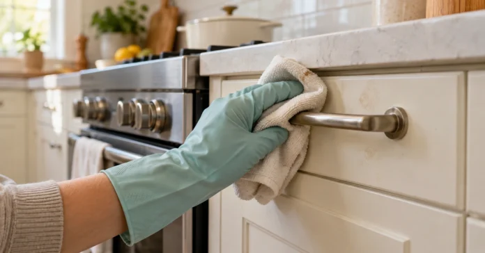 Gloved hand wiping grease from a kitchen cabinet near a metal handle beside the stove