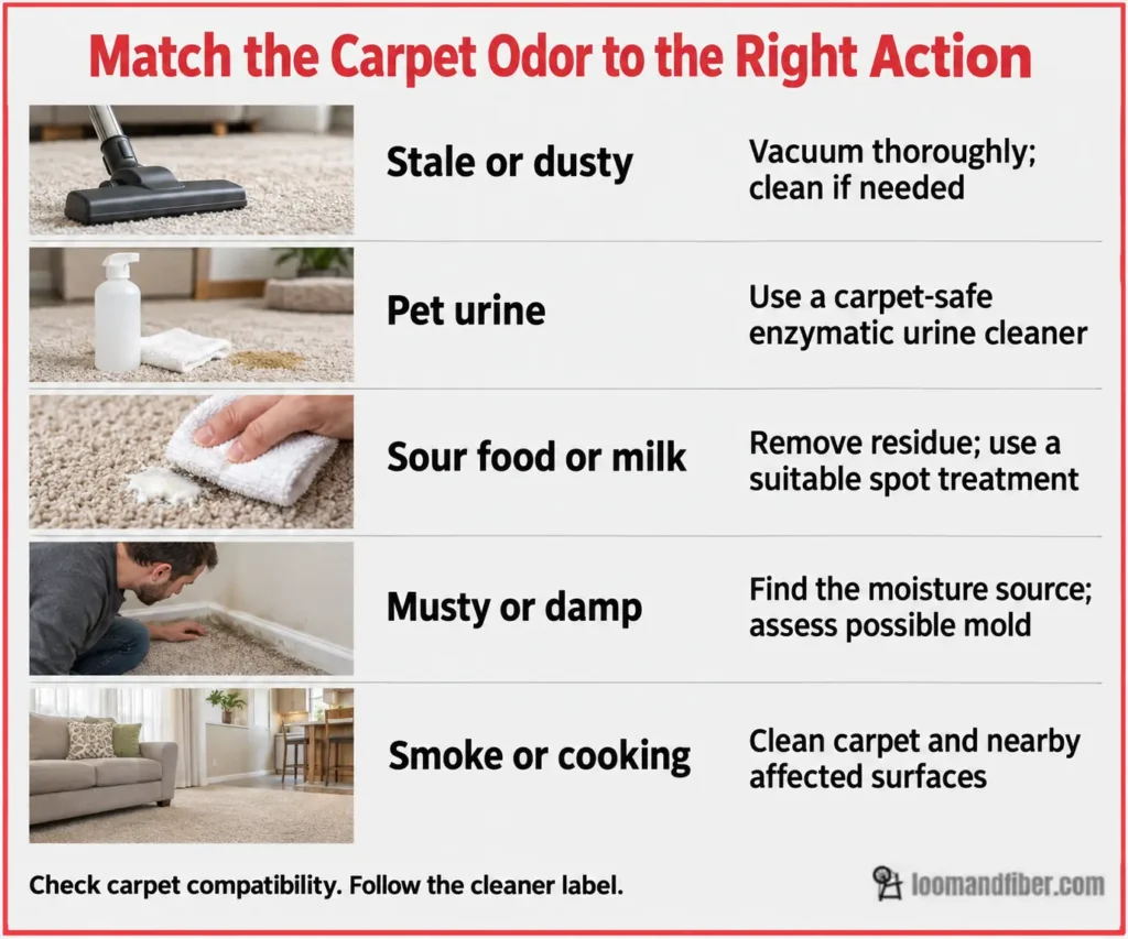 Five common carpet odors matched with suitable cleaning or moisture-checking actions