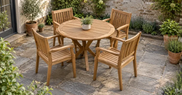 Round teak outdoor dining table with four matching armchairs on a stone patio surrounded by potted plants