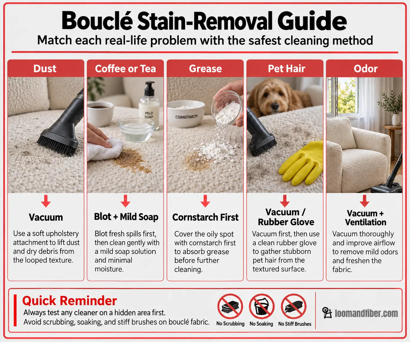 Bouclé stain-removal guide for dust, coffee, grease, pet hair, and odors