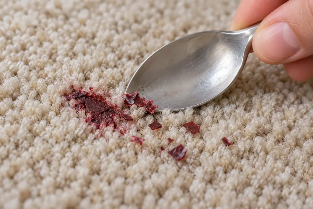 Spoon gently lifting dried red nail polish flakes from carpet
