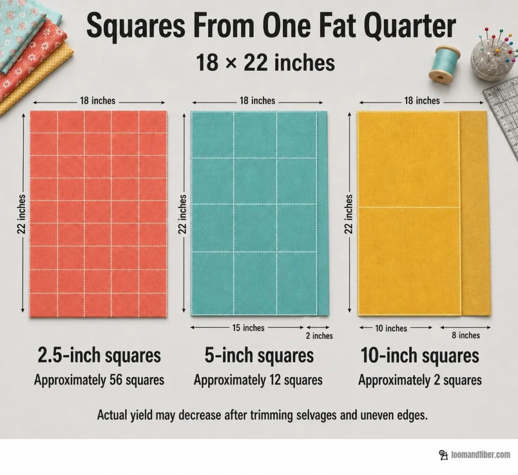 Cutting layouts for quilting squares from an 18 × 22-inch fat quarter