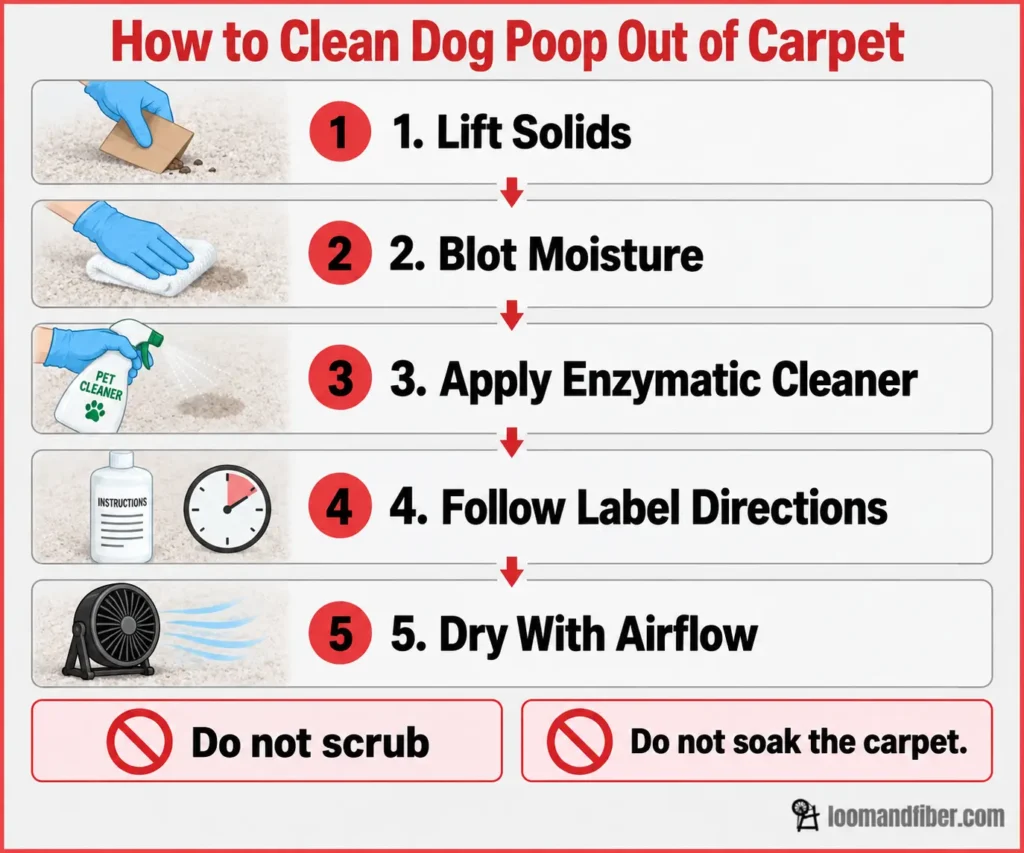 Five steps to clean dog poop from carpet, from lifting solids to drying with airflow