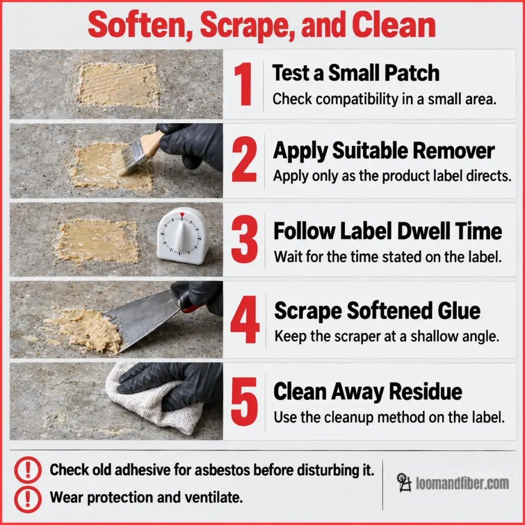 Five-step infographic showing how to test, soften, scrape, and clean carpet glue from concrete