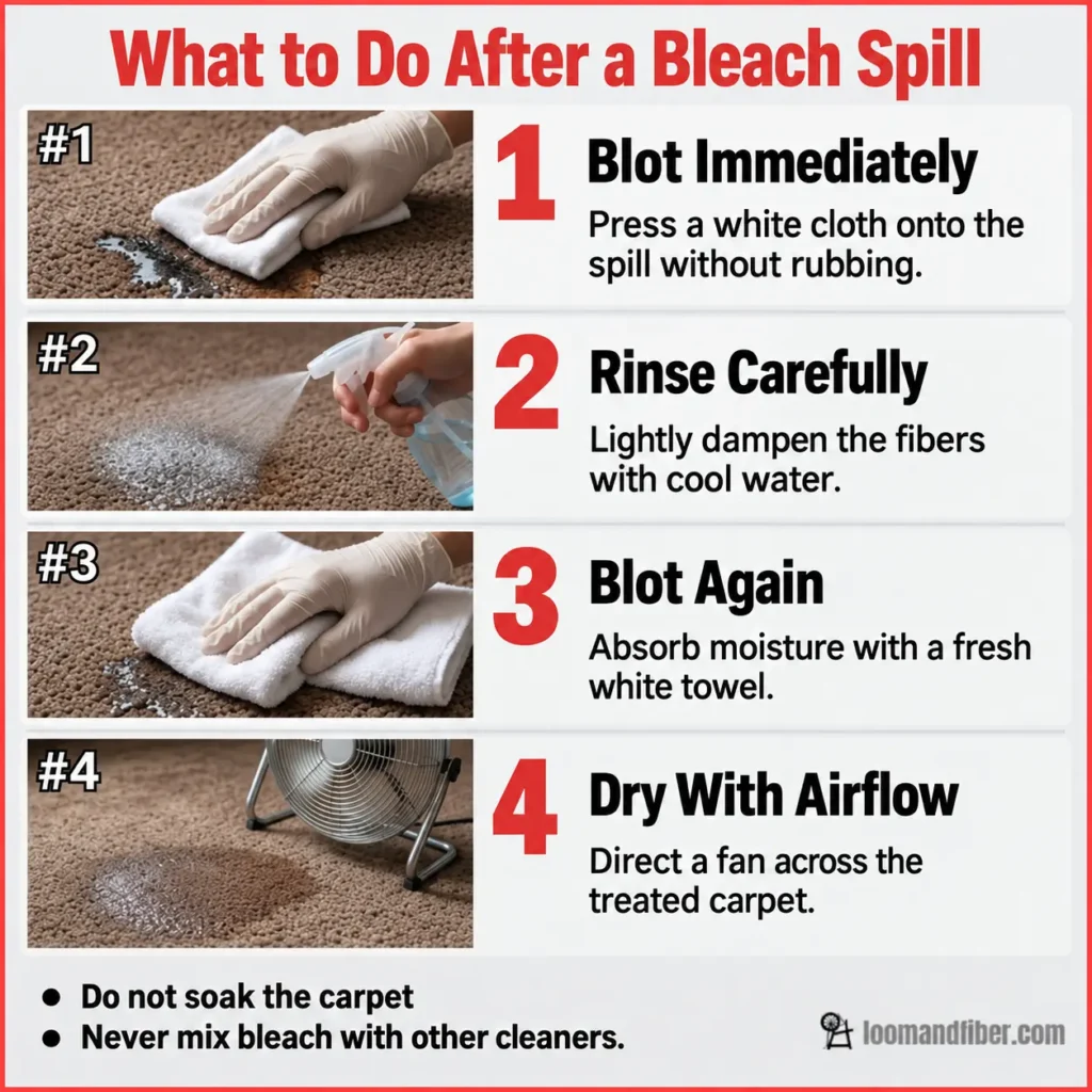 Four-step carpet bleach spill infographic showing blotting, careful rinsing, blotting again, and fan drying