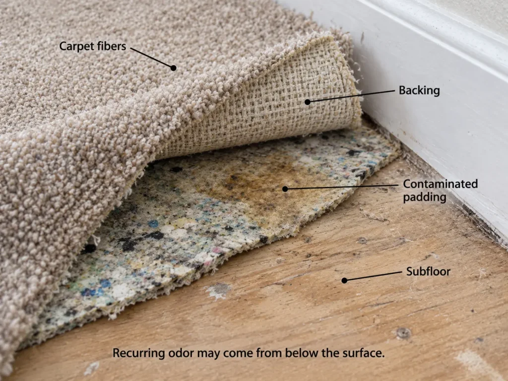 A labeled cutaway showing how contamination can remain in carpet padding even when the surface looks clean