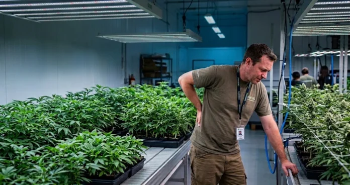 Cannabis cultivation worker experiencing back pain while working among plants