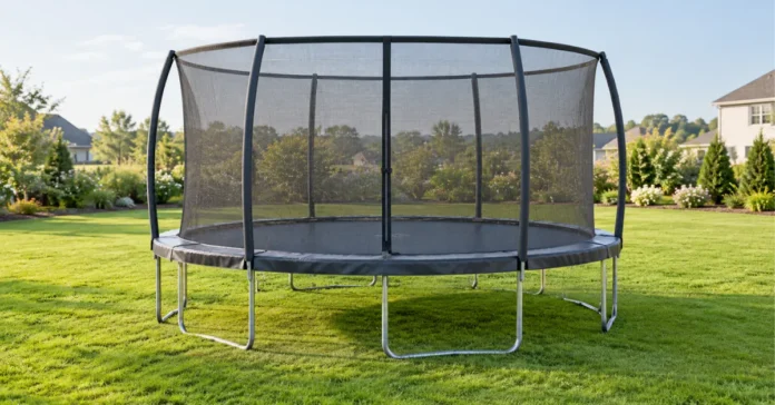 Round backyard trampoline with a mesh safety enclosure and padded frame on a green lawn.