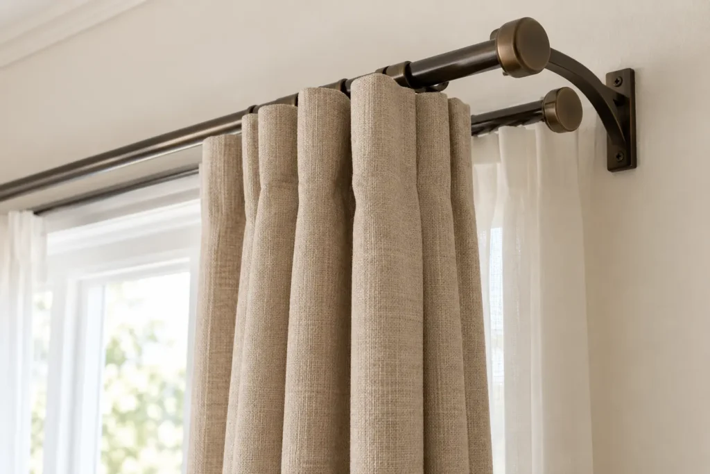 Bronze double curtain rod holding white sheers behind beige outer curtains.