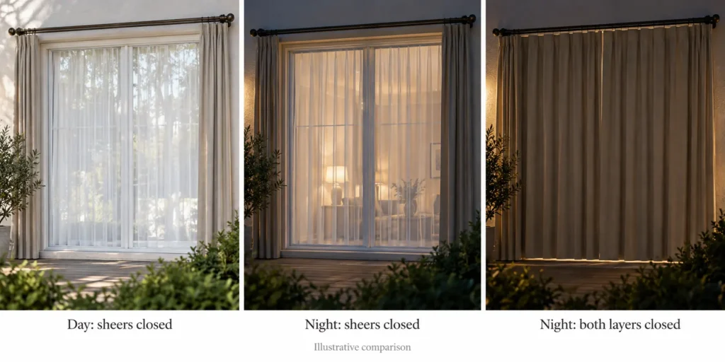 Sheer and opaque curtains compared in daylight and at night