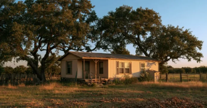 Older mobile home with a small porch surrounded by mature trees and dry grass